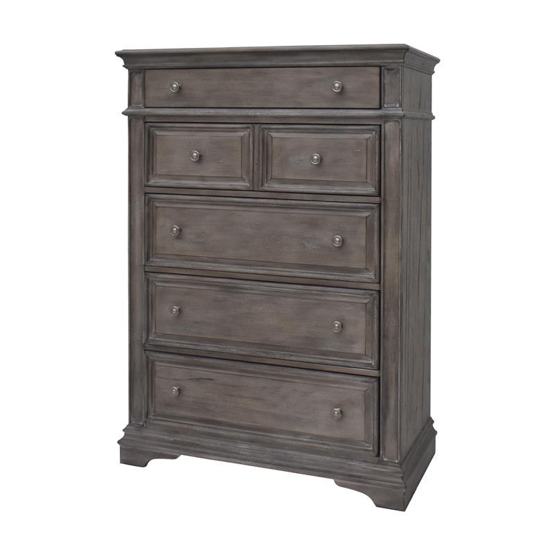 Pemberly Row Set of 4 Gray Panel King Bed & Dresser & Nightstand & Chest