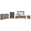 Pemberly Row Set of 4 Gray Panel King Bed & Dresser & Nightstand & Chest