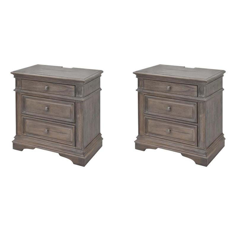 Pemberly Row Set of 2 Driftwood Gray Wood 3-Drawer Nightstands