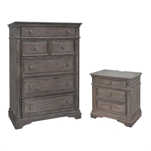 Pemberly Row Set of 2 Driftwood Gray Wood 3-Drawer Nightstand & 5-Drawer Chest