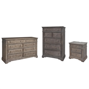 Pemberly Row Set of 3 Driftwood Gray Wood Dresser & Nightstand & Chest