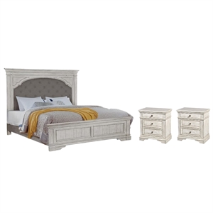 Pemberly Row Set of 3 - Rustic Ivory Upholstered Panel Queen Bed & 2 Nightstands