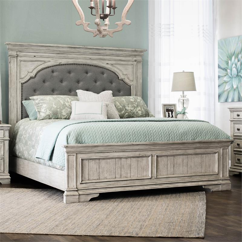 Pemberly Row Set of 3 - Rustic Ivory Upholstered Panel King Bed & 2 Nightstands