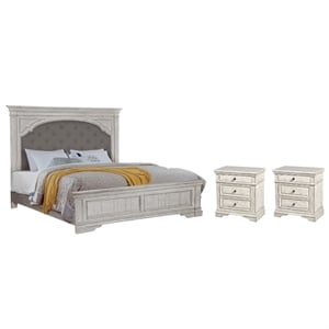Pemberly Row Set of 3 - Rustic Ivory Upholstered Panel King Bed & 2 Nightstands