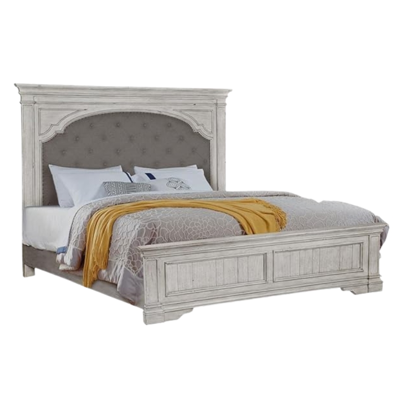 Pemberly Row Set of 3 - Rustic Ivory Upholstered Panel King Bed & 2 Nightstands