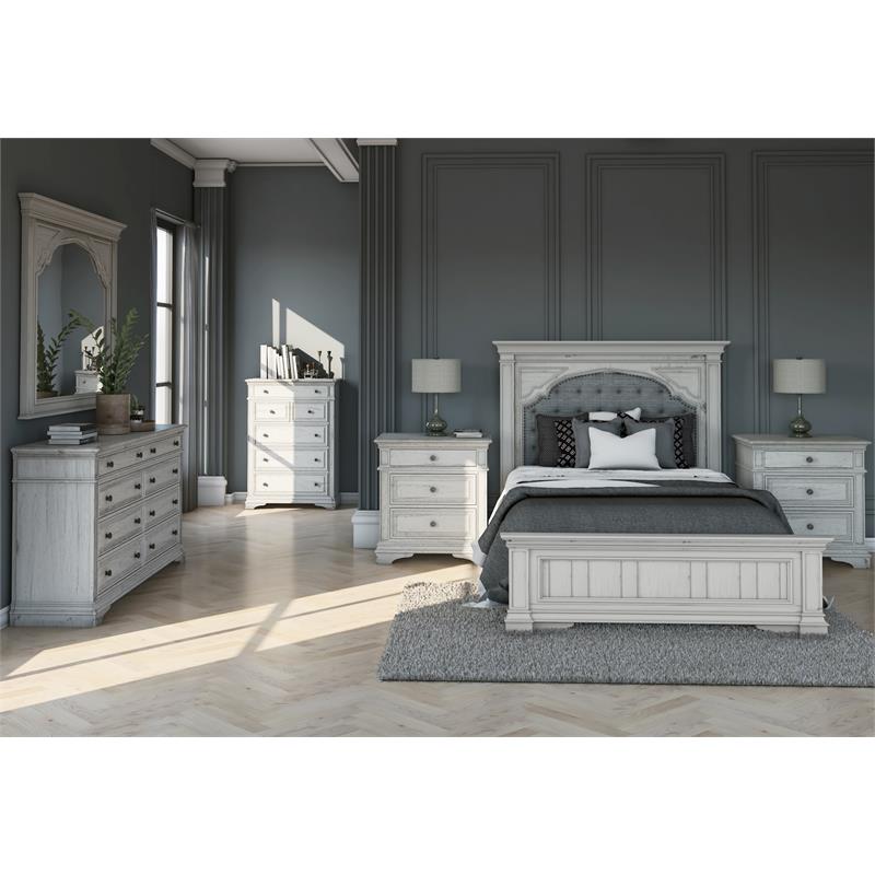 Pemberly Row Set of 2 Rustic Ivory Wood Upholstered Panel Queen Bed & Nightstand