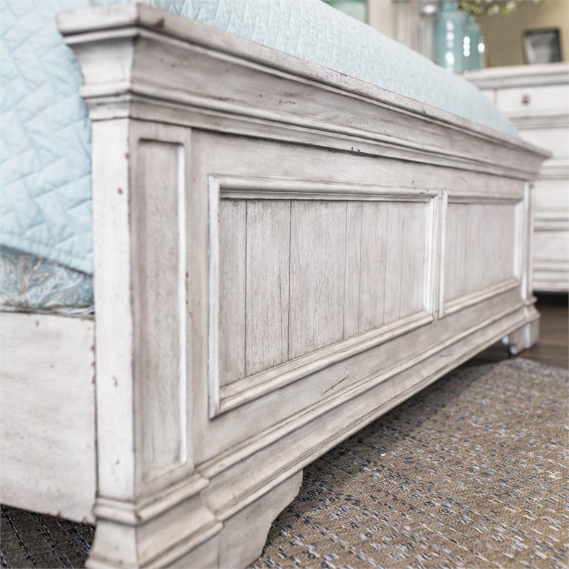 Pemberly Row Set of 2 Rustic Ivory Wood Upholstered Panel Queen Bed & Nightstand
