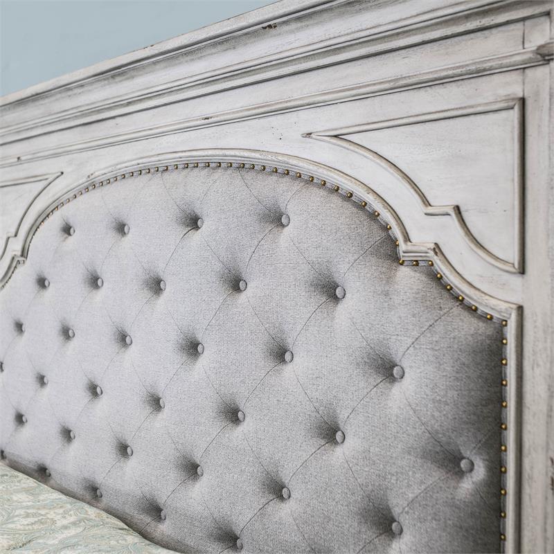 Pemberly Row Set of 2 Rustic Ivory Wood Upholstered Panel Queen Bed & Nightstand