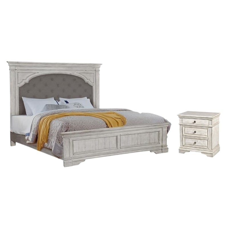 Pemberly Row Set of 2 Rustic Ivory Wood Upholstered Panel King Bed & Nightstand