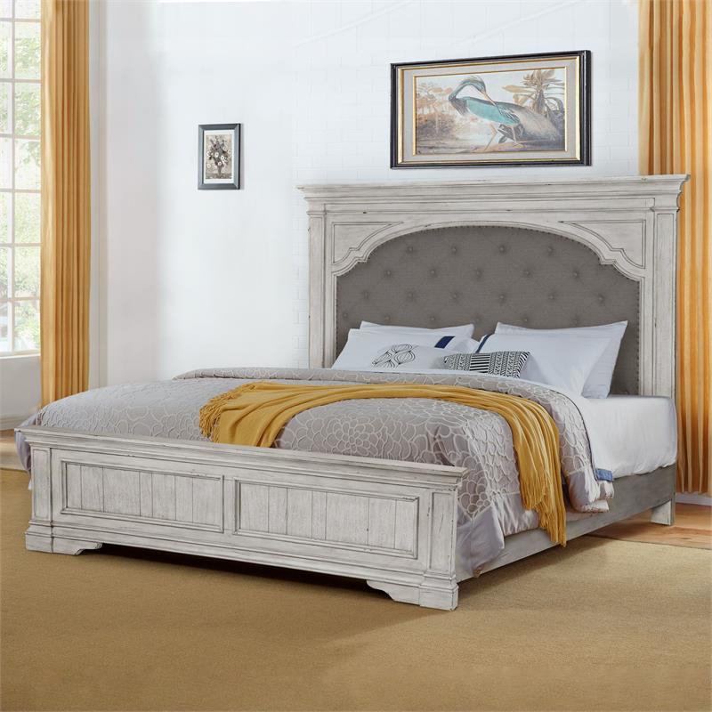 Pemberly Row Set of 2 Rustic Ivory Wood Upholstered Panel King Bed & Nightstand