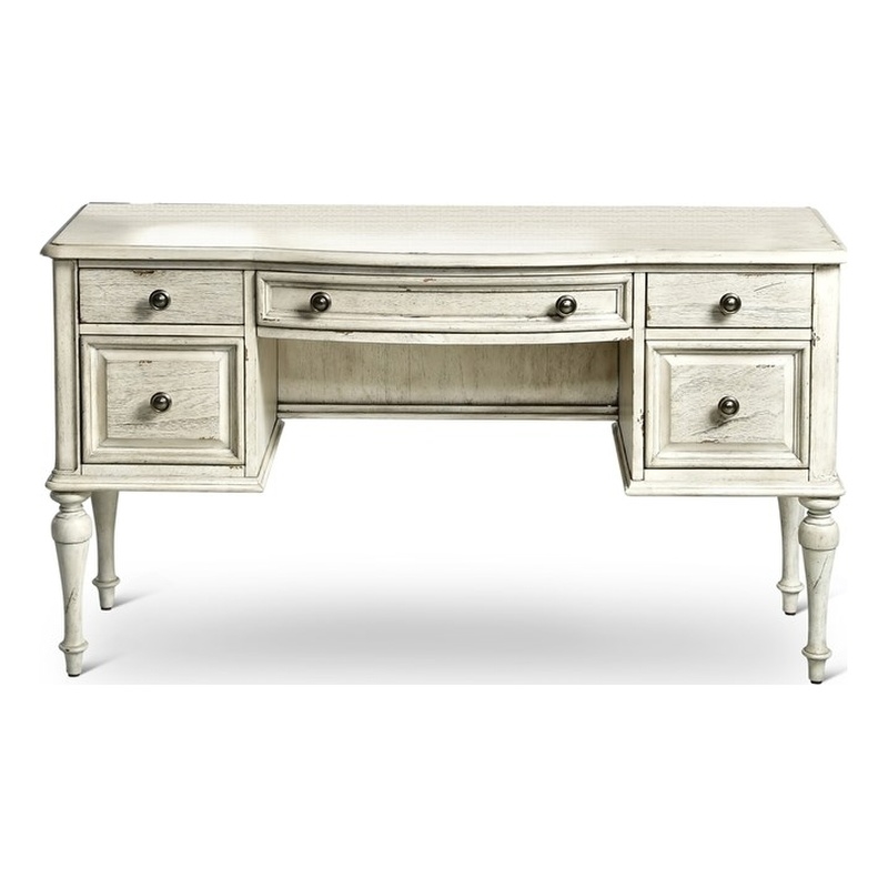 Pemberly Row Set of 2 Rustic Ivory Wood Vanity Bench and Desk