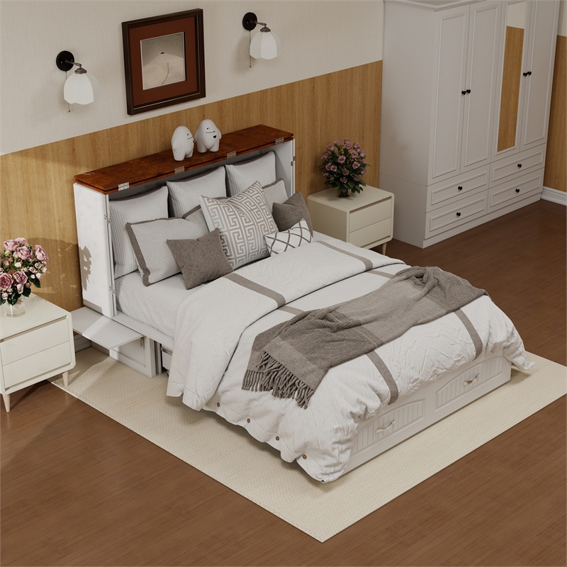 Pemberly Row Queen Wood Murphy Bed Cabinet with Built-in Charger White