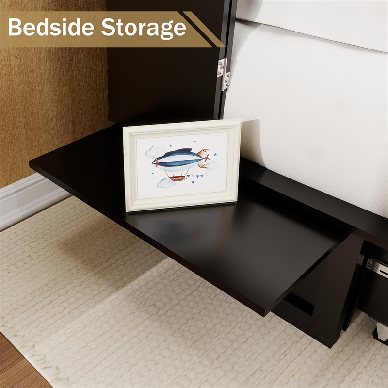Pemberly Row Queen Wood Murphy Bed with Drawers and Charging Station in Black