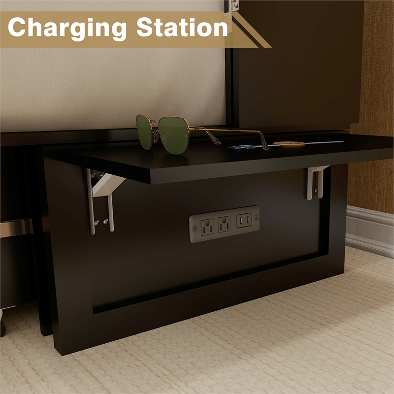 Pemberly Row Queen Wood Murphy Bed with Drawers and Charging Station in Black