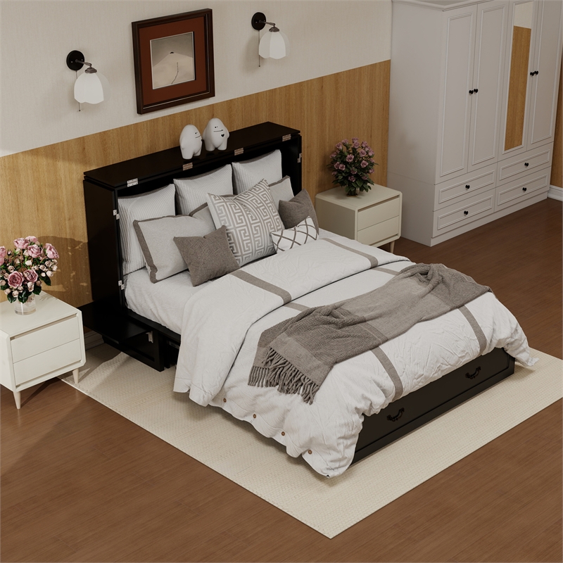 Pemberly Row Queen Wood Murphy Bed with Drawers and Charging Station in Black