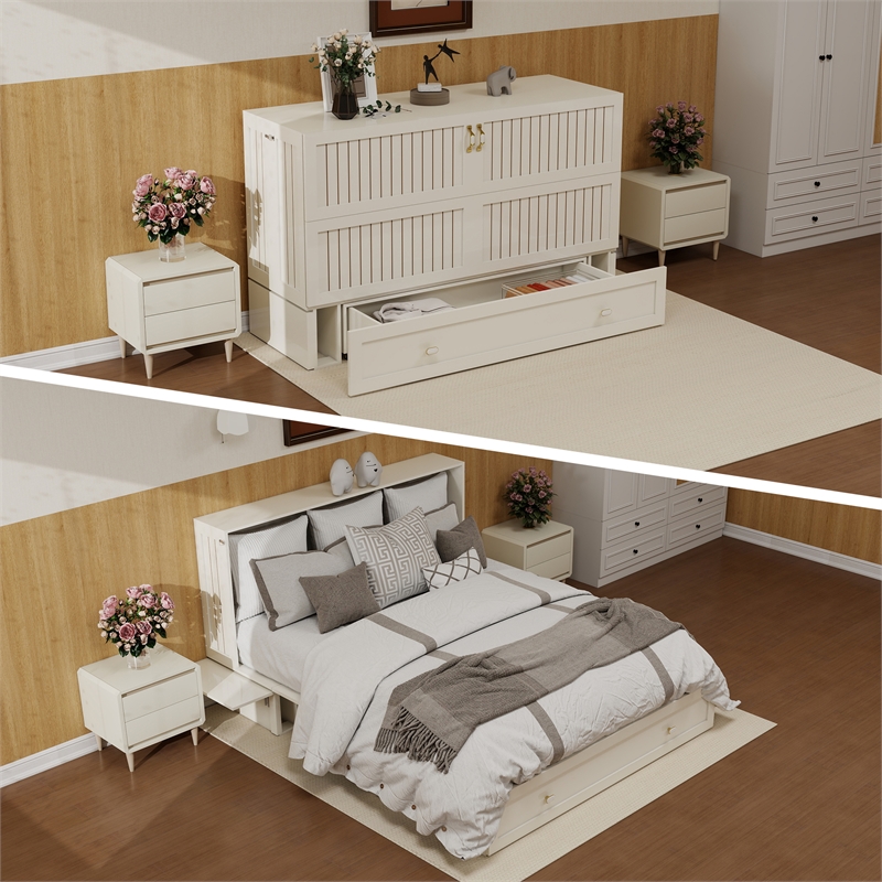 Pemberly Row Guest Room Wood White Cabinet Murphy Bed with Storage Space Drawer