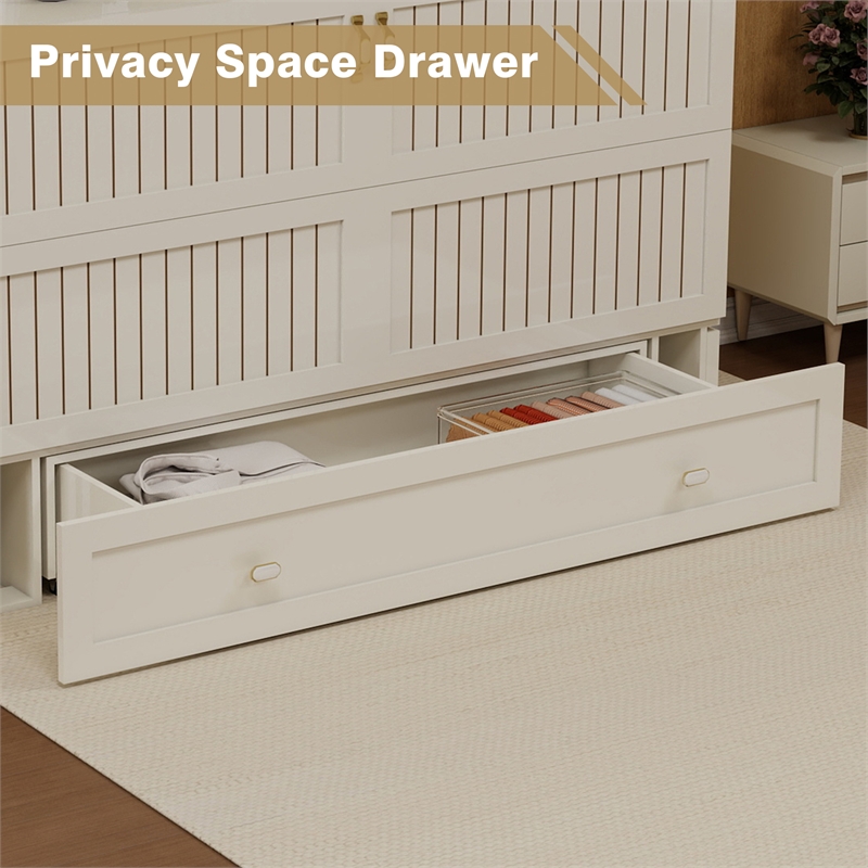 Pemberly Row Guest Room Wood White Cabinet Murphy Bed with Storage Space Drawer