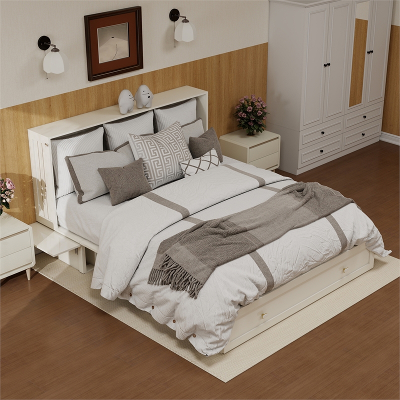 Pemberly Row Guest Room Wood White Cabinet Murphy Bed with Storage Space Drawer