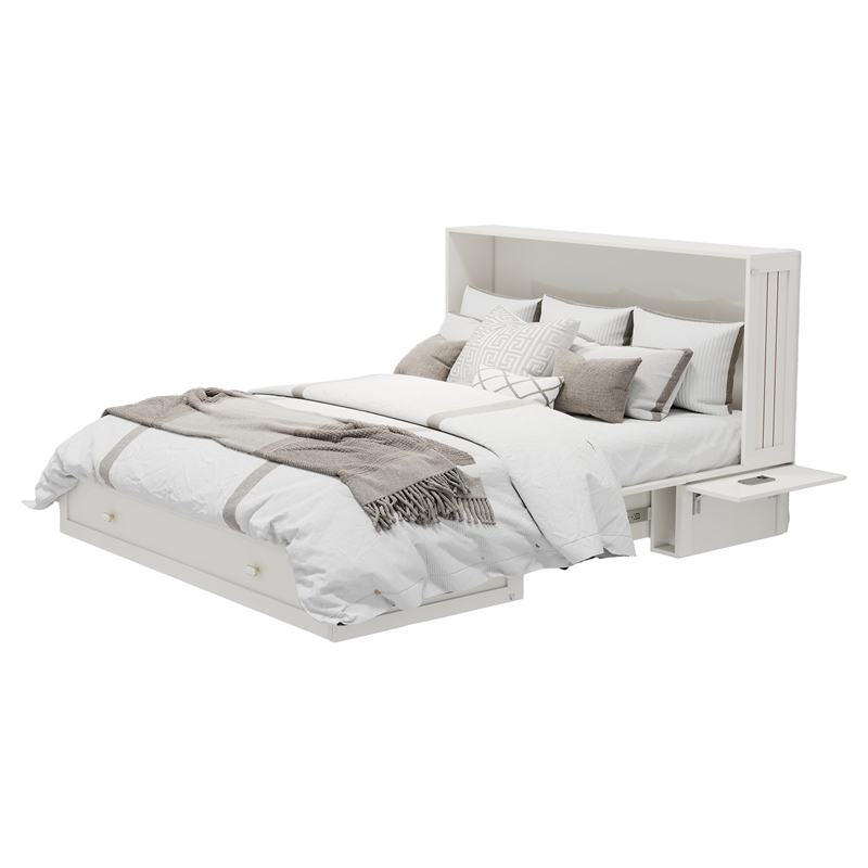 Pemberly Row Guest Room Wood White Cabinet Murphy Bed with Storage Space Drawer