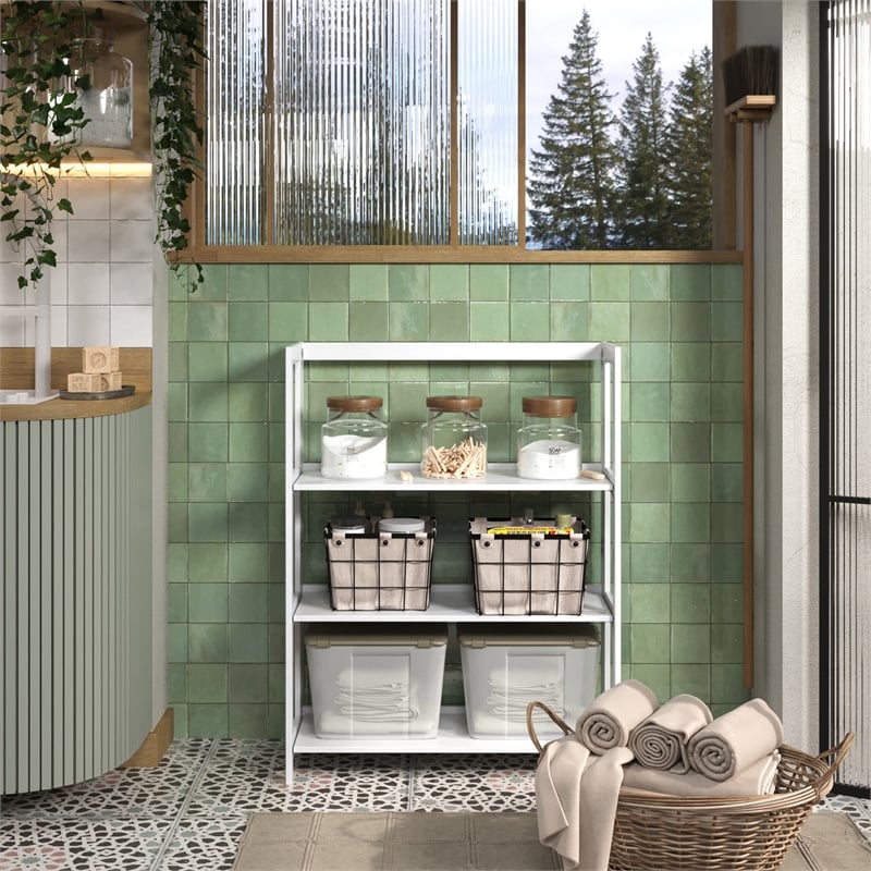 Pemberly Row Modern Solid Wood 3-Shelves Folding Bookcase in White