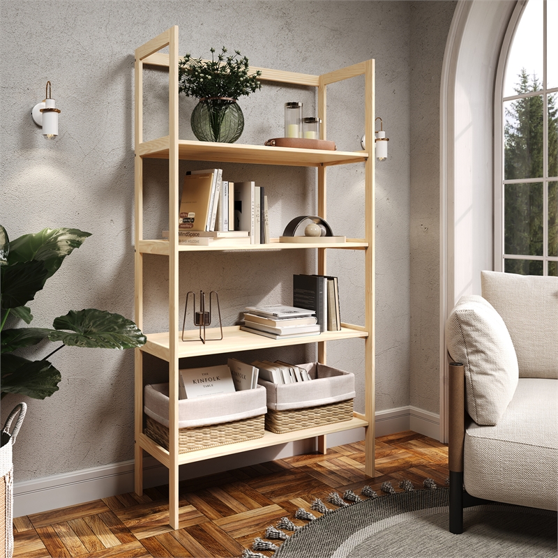 Pemberly Row Modern Solid Wood 4-Shelves Folding Bookcase/Pantry in Unfinished