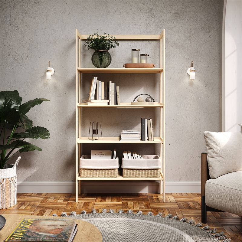 Pemberly Row Modern Solid Wood 4-Shelves Folding Bookcase/Pantry in Unfinished