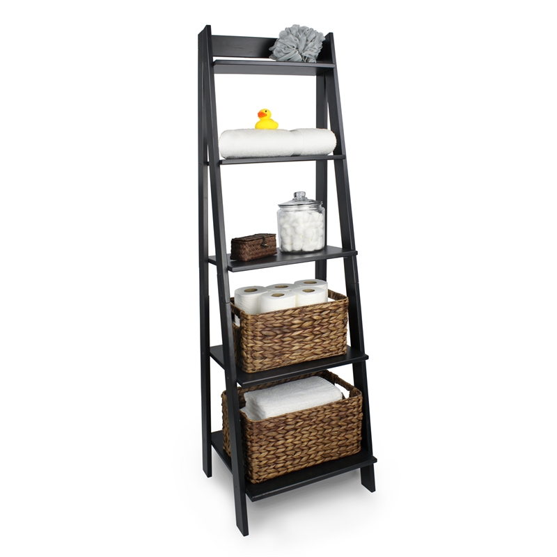Pemberly Row Modern Solid Wood 5-Shelves Ladder Bookcase in Black