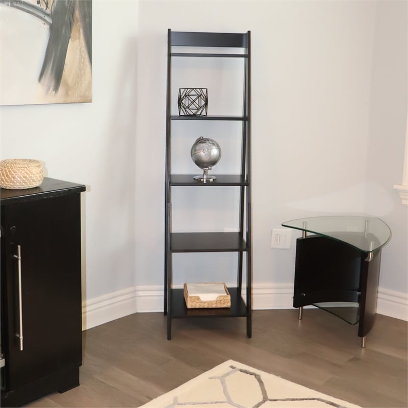 Pemberly Row Modern Solid Wood 5-Shelves Ladder Bookcase in Black