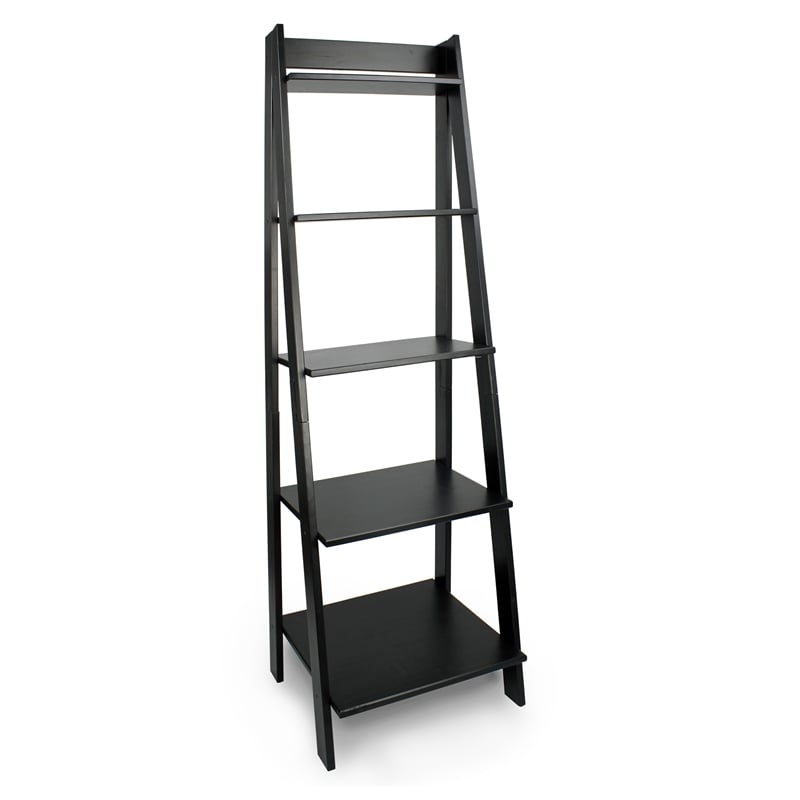 Pemberly Row Modern Solid Wood 5-Shelves Ladder Bookcase in Black