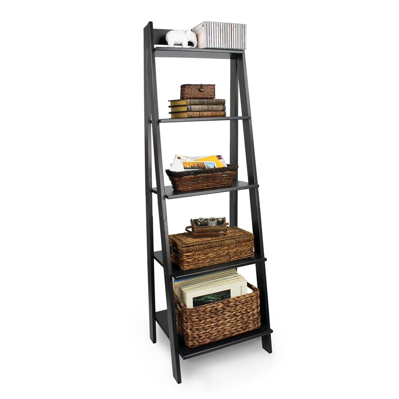 Pemberly Row Modern Solid Wood 5-Shelves Ladder Bookcase in Black
