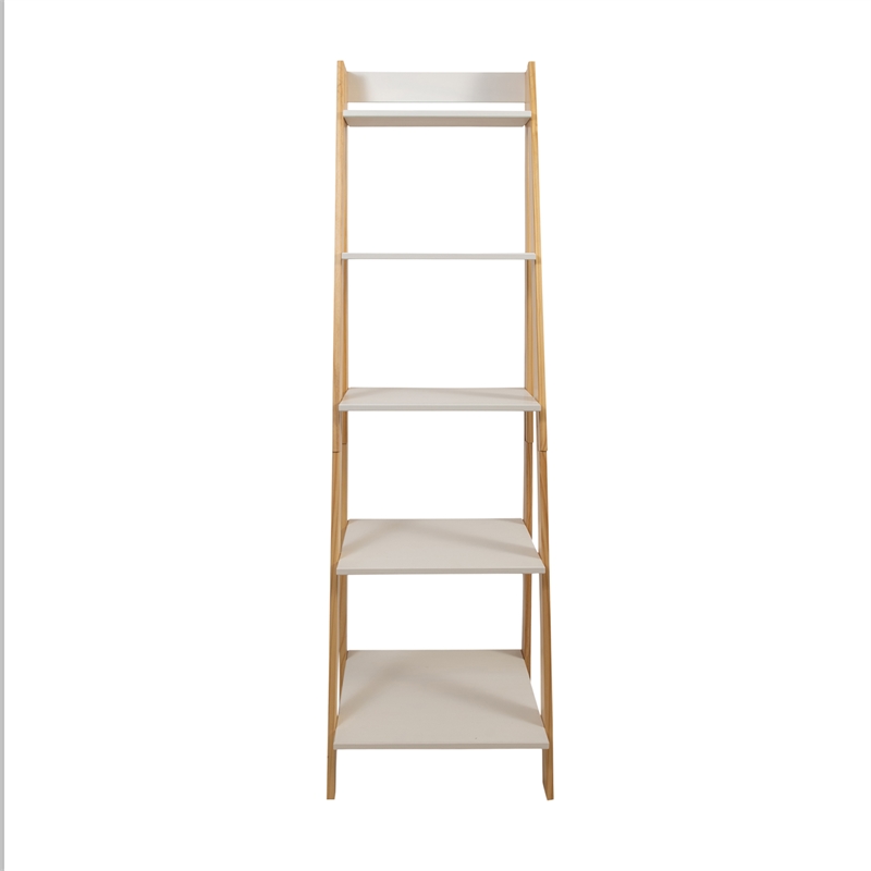Pemberly Row Modern Solid Wood 5-Shelves Ladder Bookcase in Natural and White