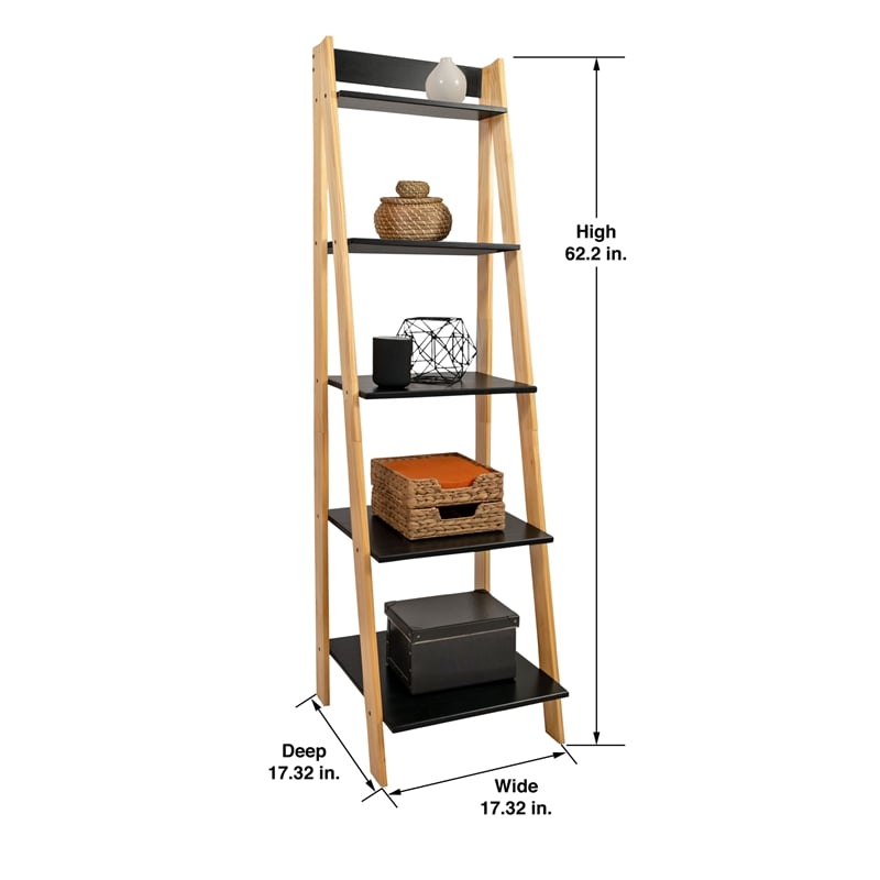 Pemberly Row Modern Solid Wood 5-Shelves Ladder Bookcase in Natural and White
