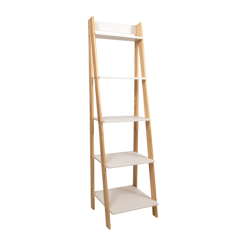 Pemberly Row Modern Solid Wood 5-Shelves Ladder Bookcase in Natural and White