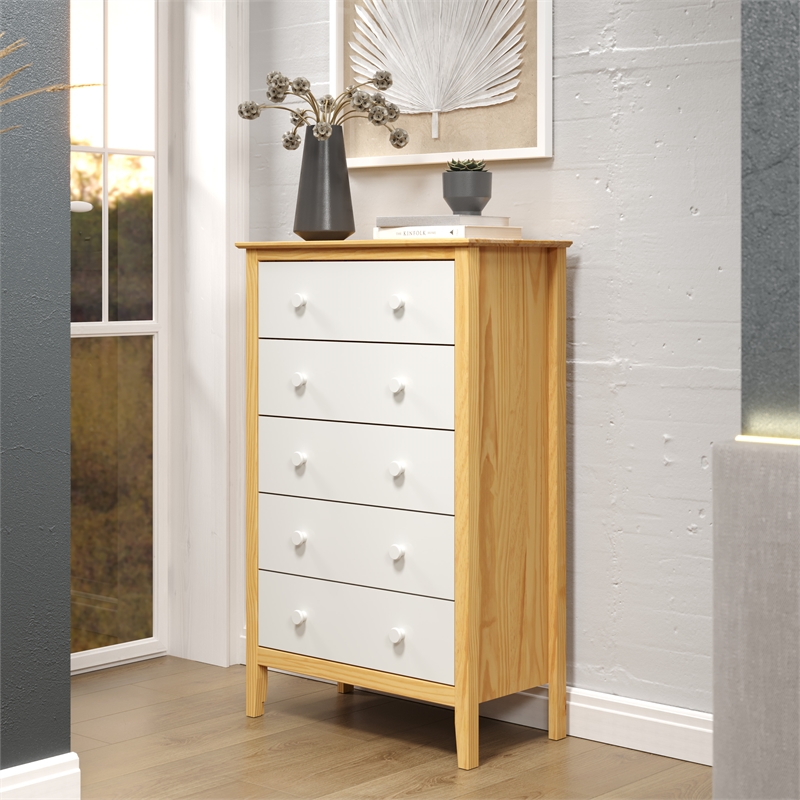 Pemberly Row Modern Solid Wood 5-Drawers Dresser in Natural with White Front