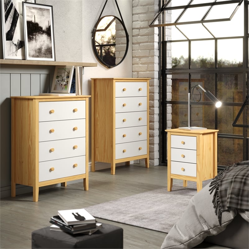 Pemberly Row Modern Solid Wood 5-Drawers Dresser in Natural with White Front