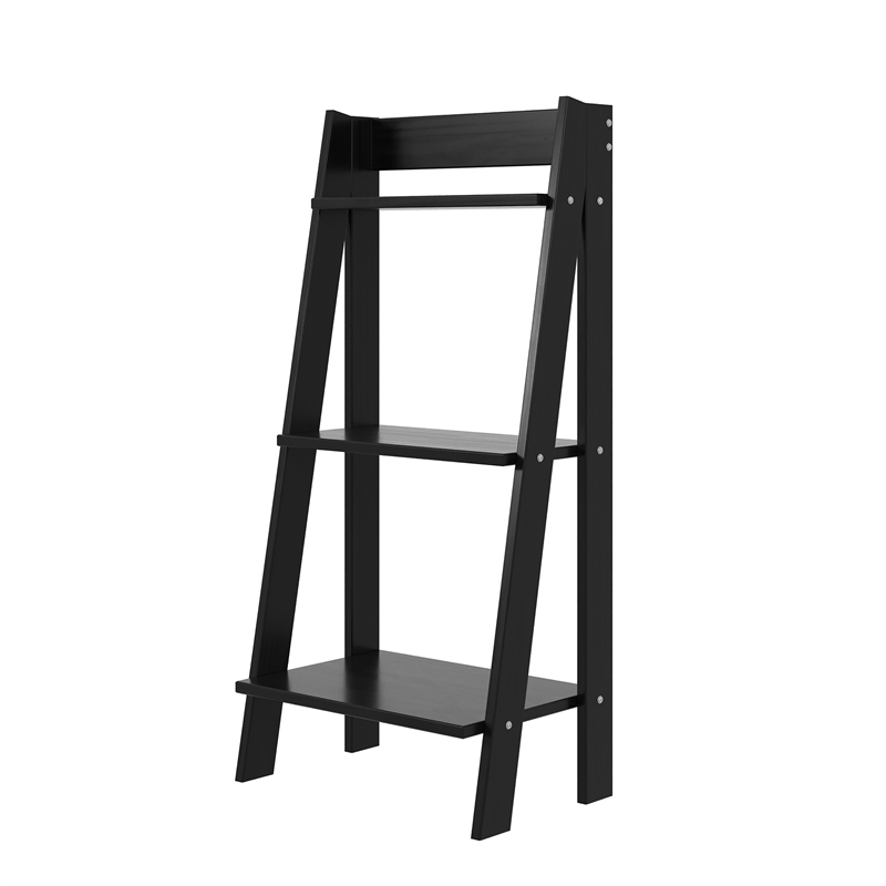 Pemberly Row Modern Solid Wood 3-Shelves Ladder Bookcase in Black
