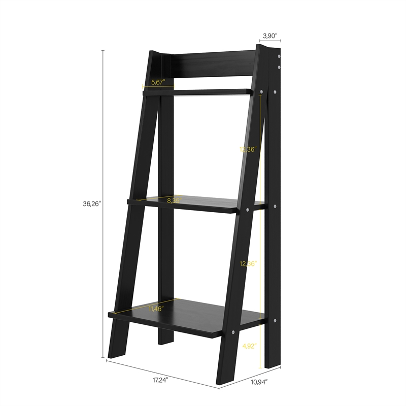 Pemberly Row Modern Solid Wood 3-Shelves Ladder Bookcase in Black