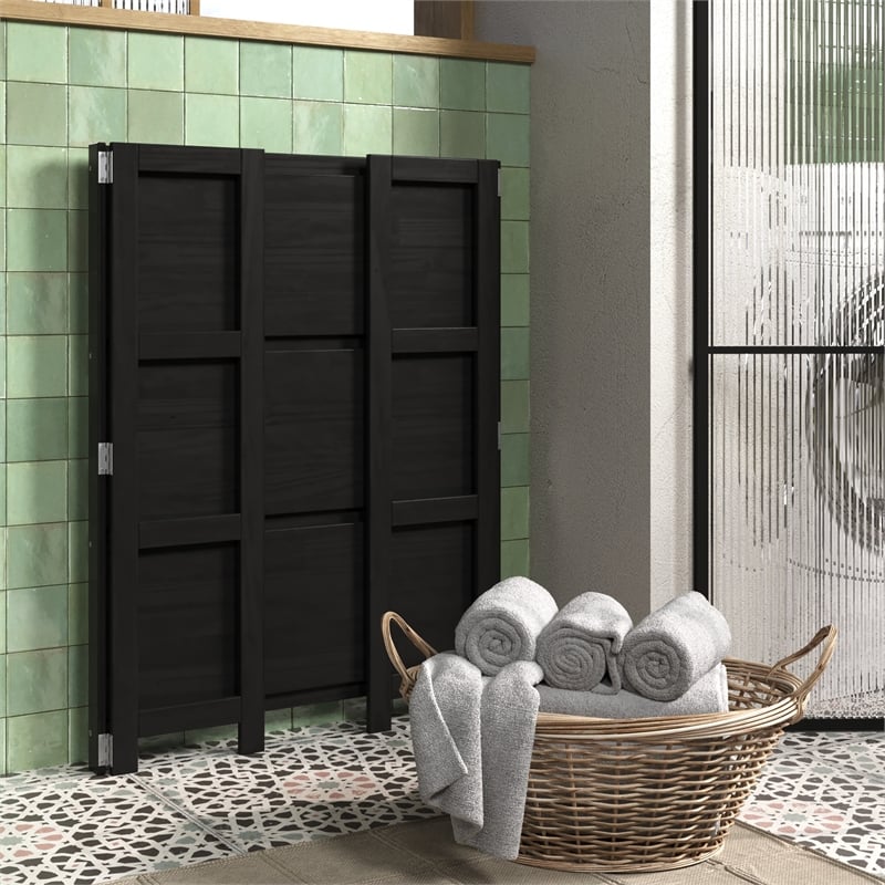 Pemberly Row Modern Solid Wood 3-Shelves Folding Bookcase in Black