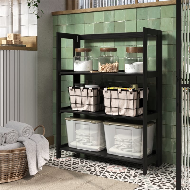 Pemberly Row Modern Solid Wood 3-Shelves Folding Bookcase in Black