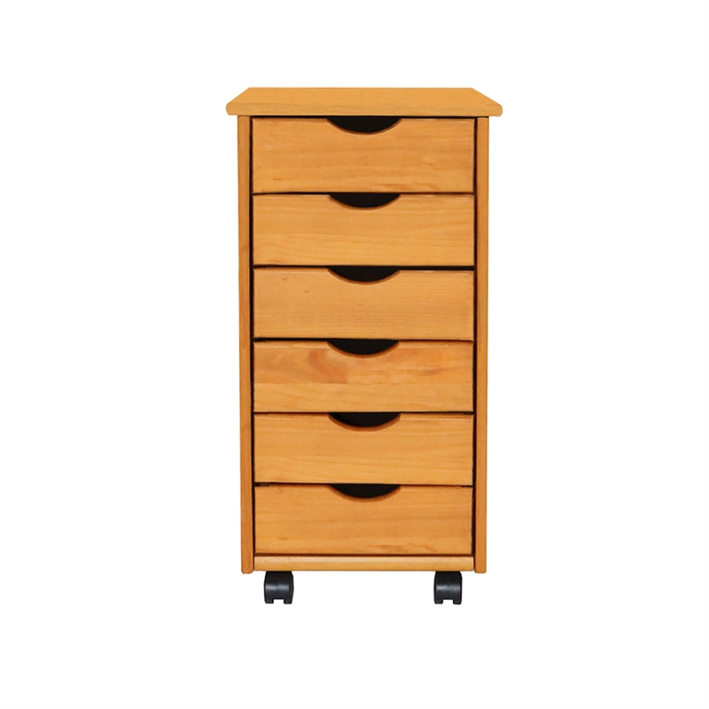 Pemberly Row Modern Solid Wood 6-Drawers Roll Utility Cart in Med Pine