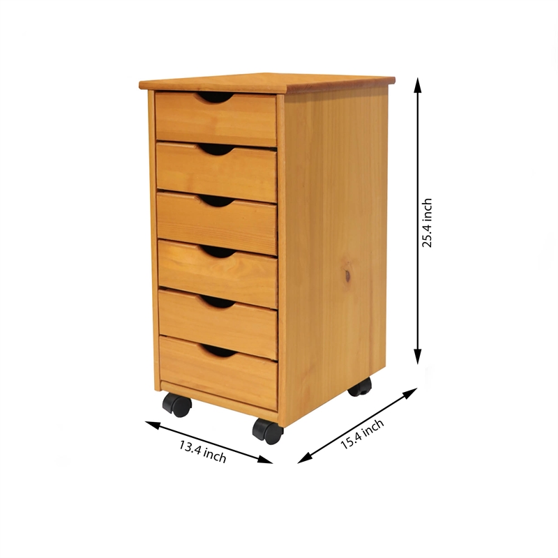Pemberly Row Modern Solid Wood 6-Drawers Roll Utility Cart in Med Pine