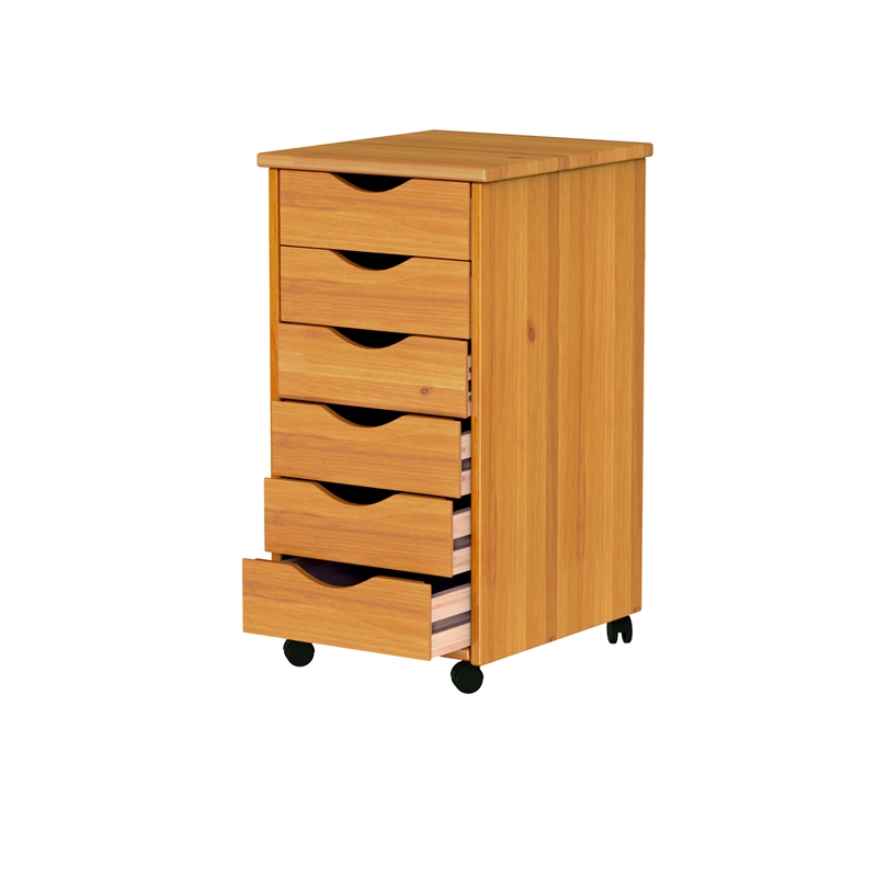 Pemberly Row Modern Solid Wood 6-Drawers Roll Utility Cart in Med Pine