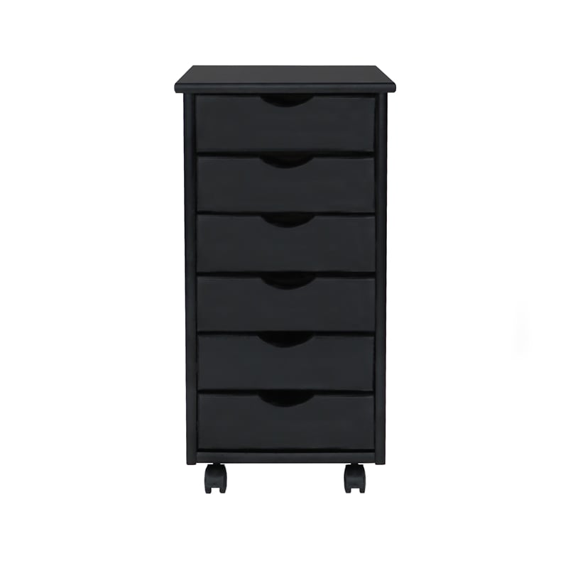 Pemberly Row Modern Solid Wood 6-Drawers Roll Utility Cart in Black