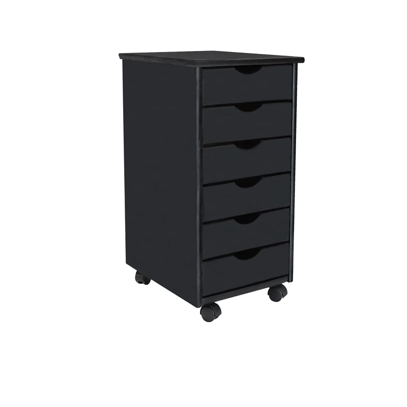 Pemberly Row Modern Solid Wood 6-Drawers Roll Utility Cart in Black
