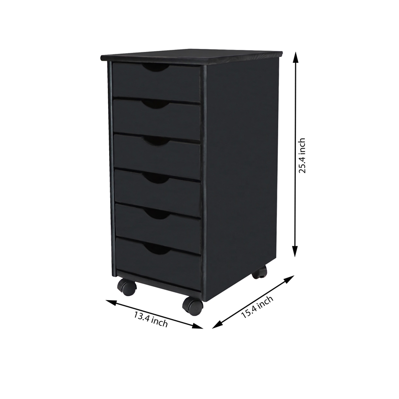 Pemberly Row Modern Solid Wood 6-Drawers Roll Utility Cart in Black