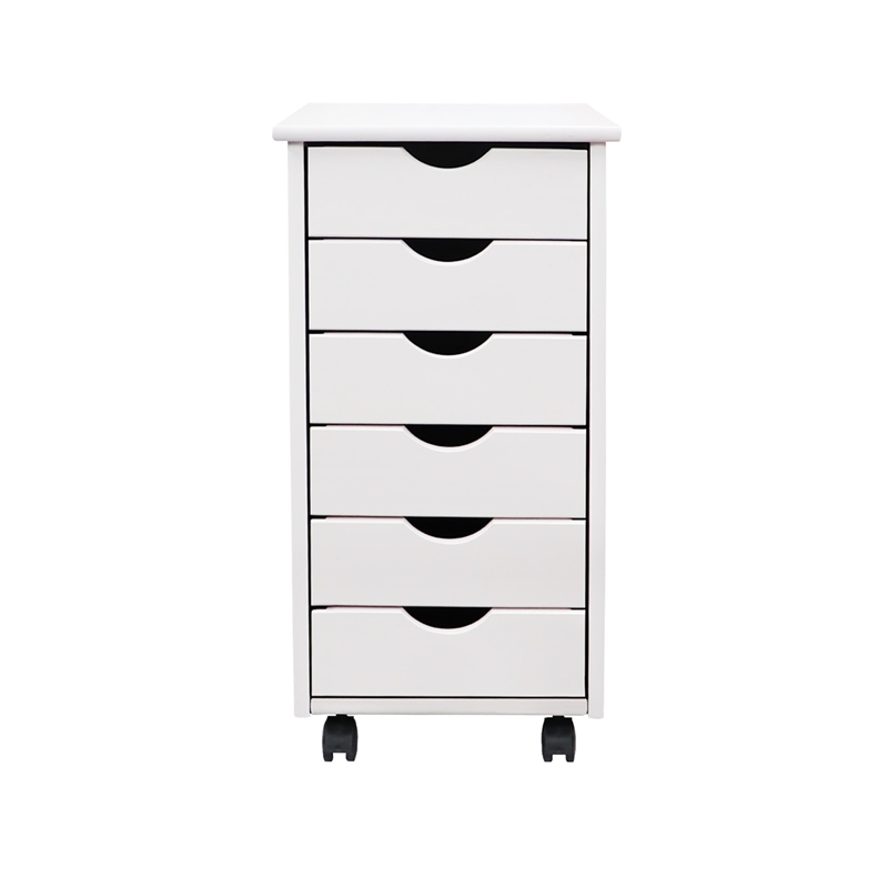 Pemberly Row Modern Solid Wood 6-Drawers Roll Utility Cart in White