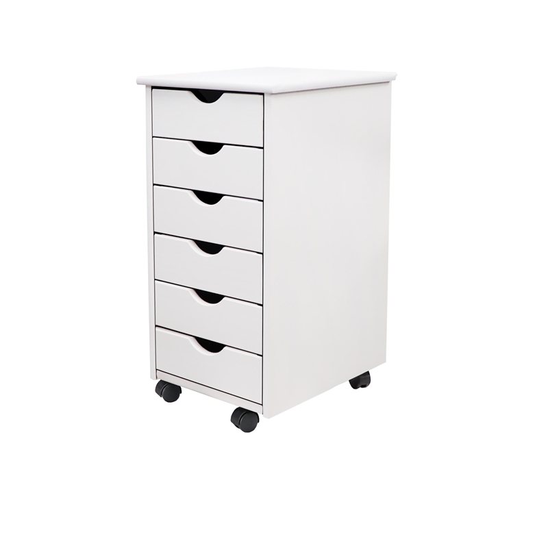Pemberly Row Modern Solid Wood 6-Drawers Roll Utility Cart in White