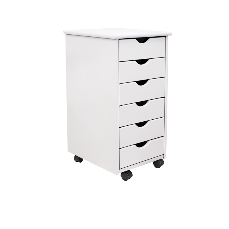 Pemberly Row Modern Solid Wood 6-Drawers Roll Utility Cart in White
