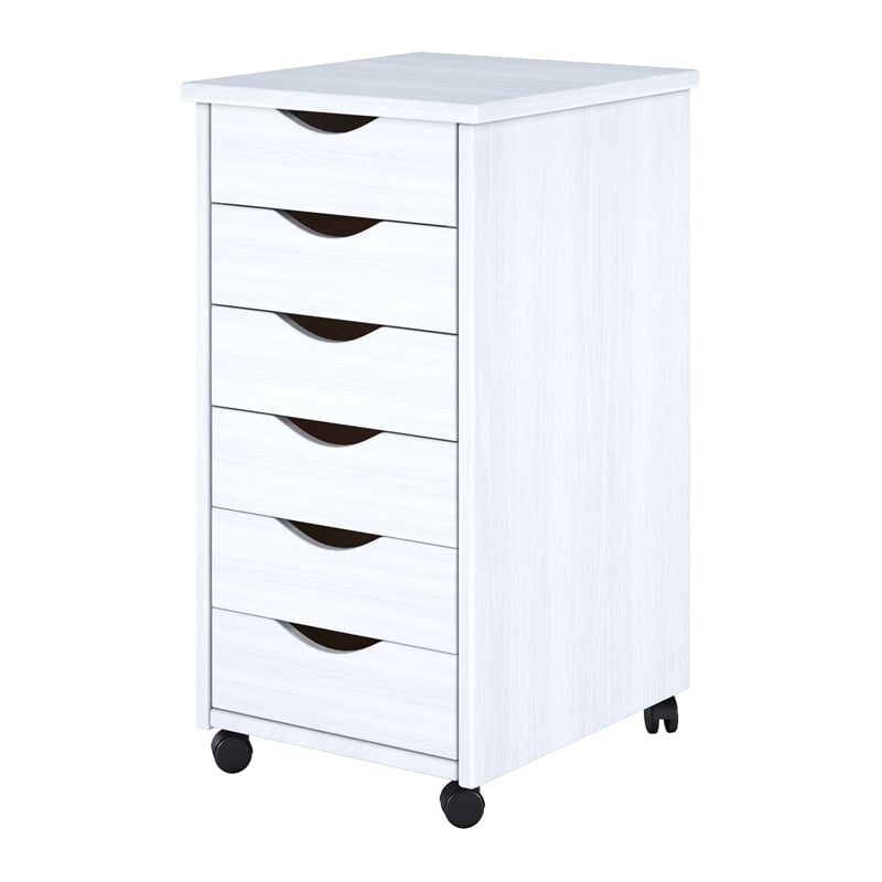 Pemberly Row Modern Solid Wood 6-Drawers Roll Utility Cart in White
