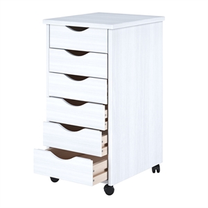 Pemberly Row Modern Solid Wood 6-Drawers Roll Utility Cart in White